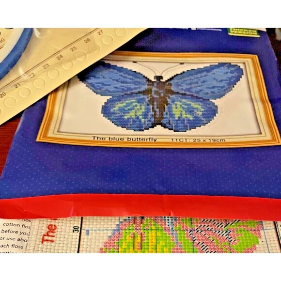 Cross Stitch Kit The Blue Butterfly Pattern 25x19cm Pre-Print 11CT Cotton Fabric - Picture 8 of 12